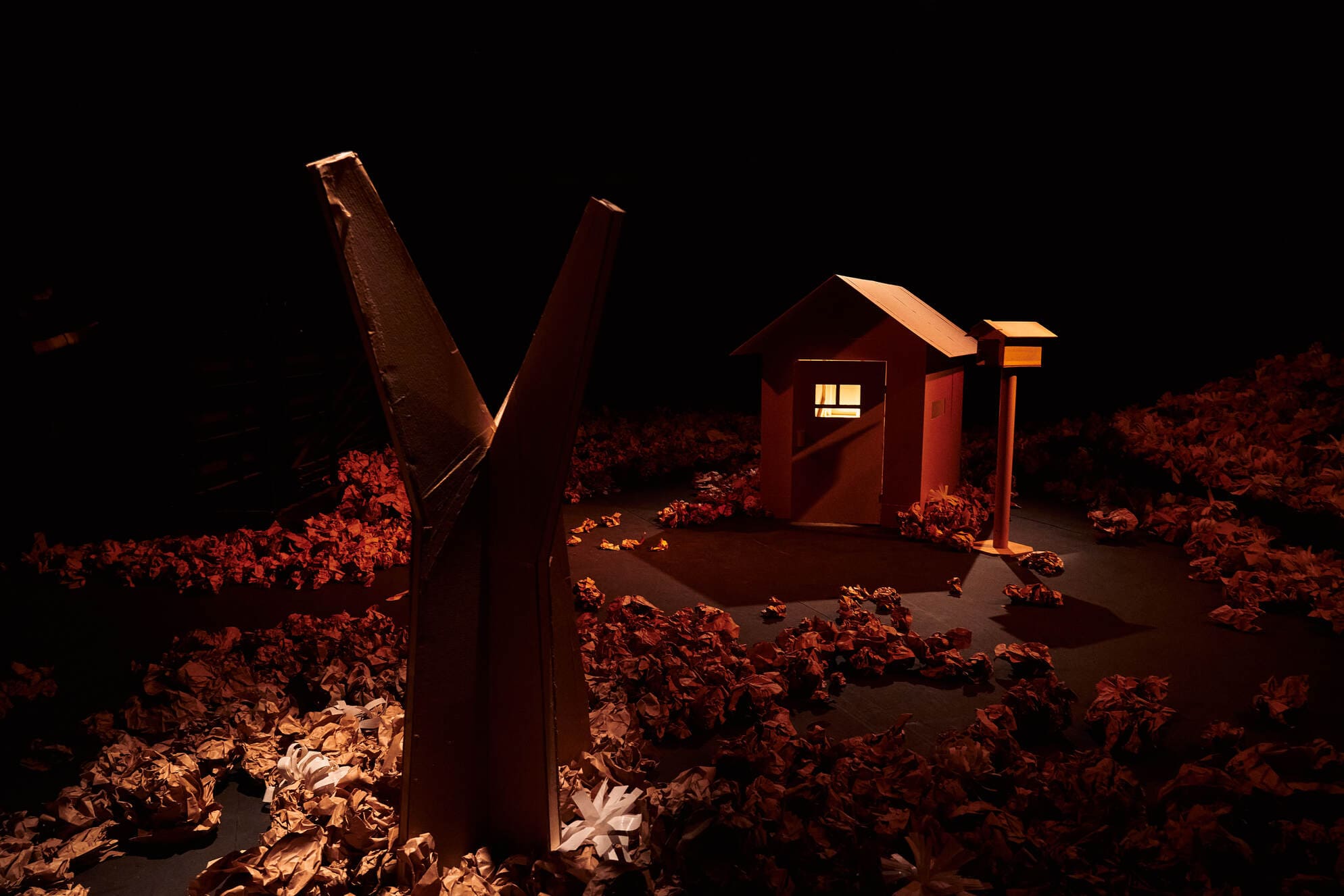 A fantasy scene that world of paper. Paper cottage, paper grasses.